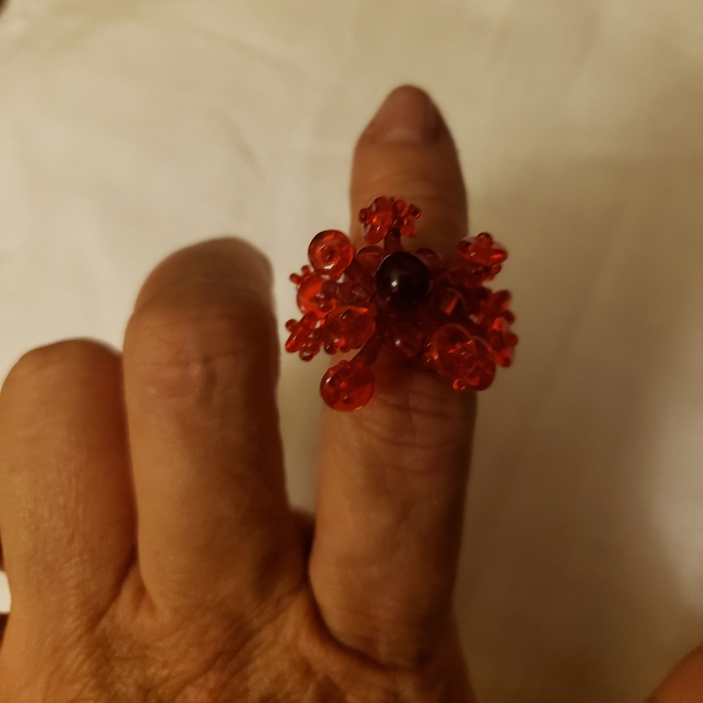 Red beaded flower ring, costume jewelry